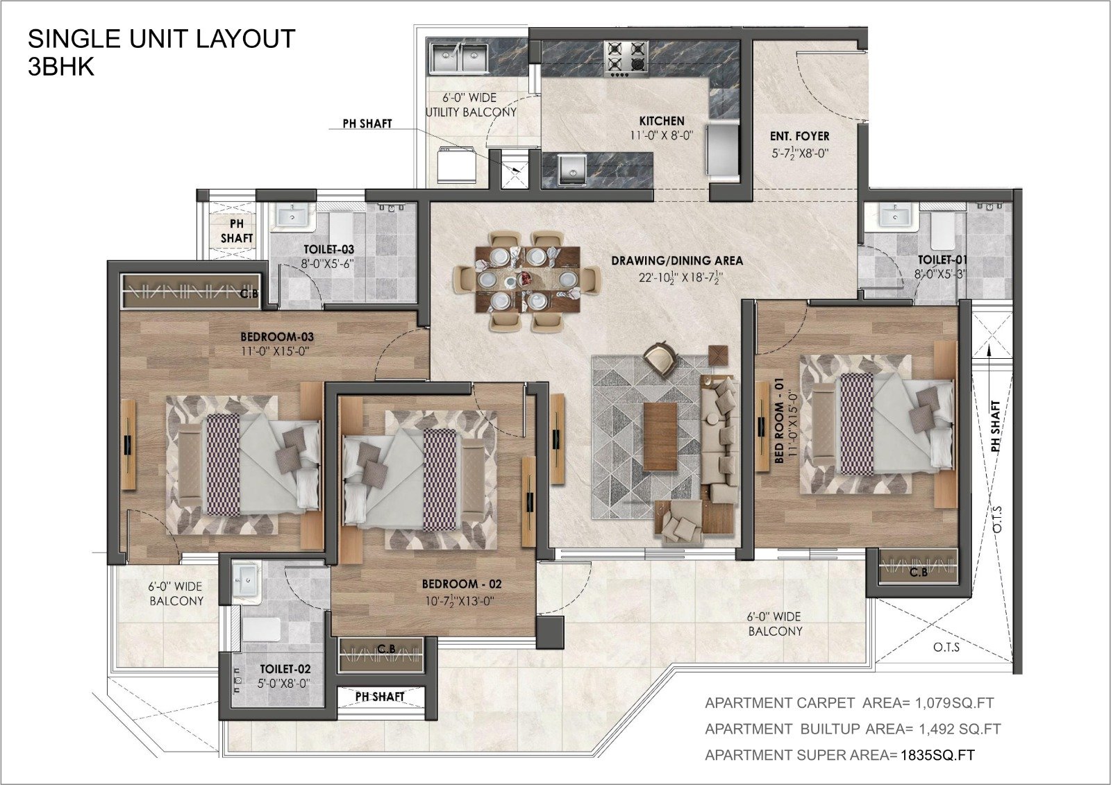 3 BHK floor plan with 1,835 square feet super area